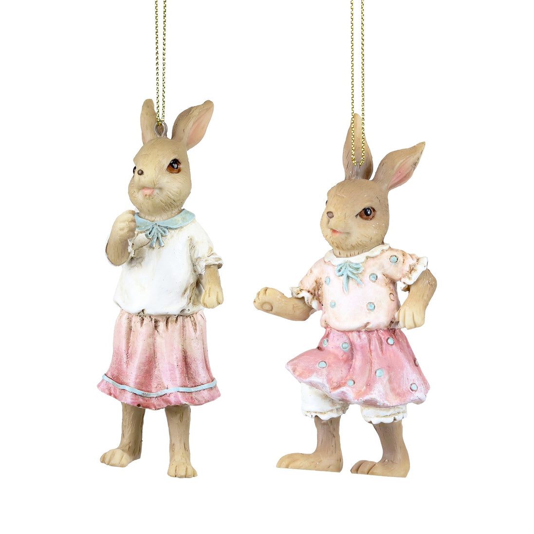 Ornament 2 Iepurași în fustițe din polirășină roz/maro/alb 11cm
