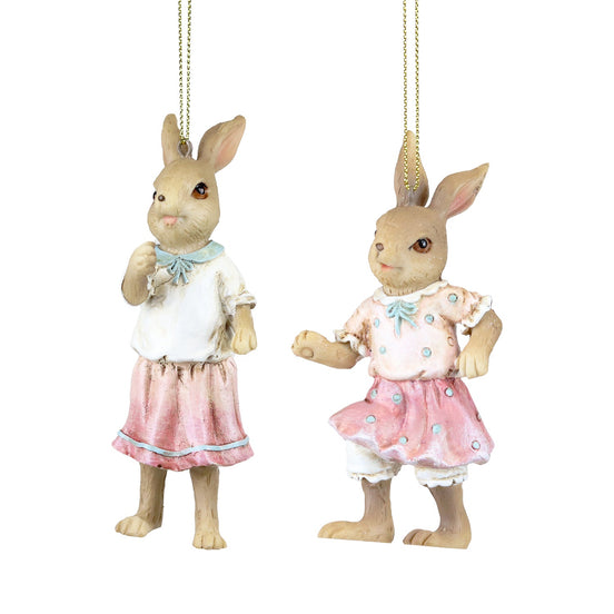 Ornament 2 Iepurași în fustițe din polirășină roz/maro/alb 11cm