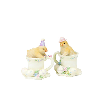 2 Pui de găină în cești cu model floral și cu ouă crem/galben 8cm