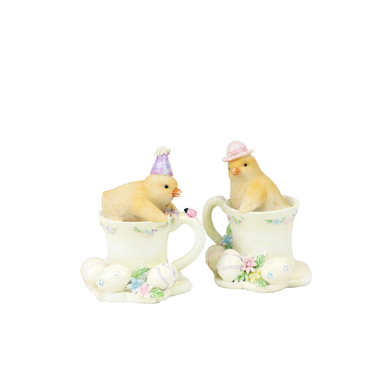 2 Pui de găină în cești cu model floral și cu ouă crem/galben 8cm
