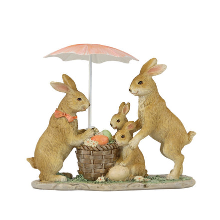 Figurină familie de iepurași cu coșuleț și umbrelă, maro/portocaliu, 16 cm