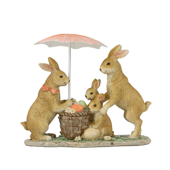 Figurină familie de iepurași cu coșuleț și umbrelă, maro/portocaliu, 16 cm