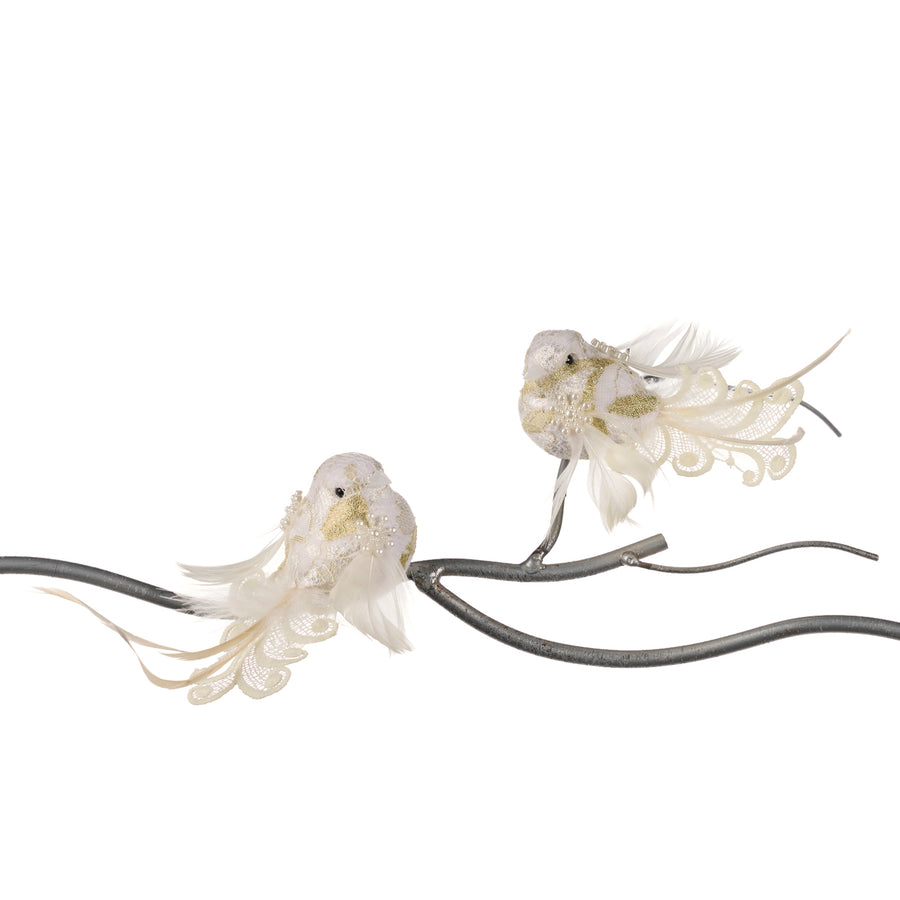 Set 2 pasari cu danteluta, perle si sclipici,15cm alb