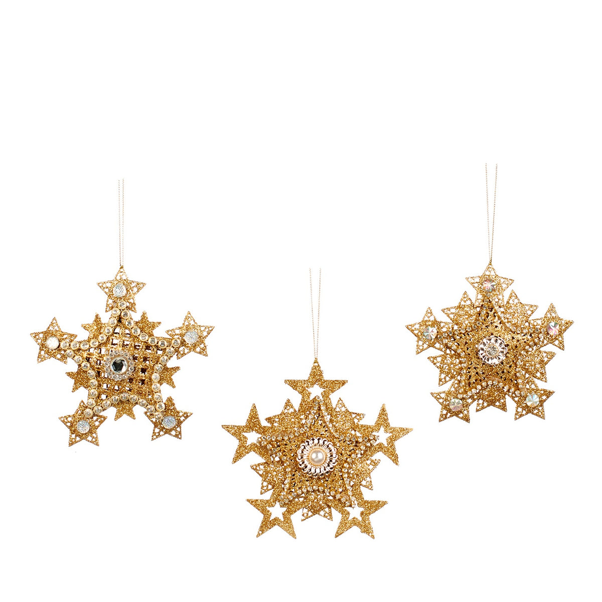 Set 3 stelute metalice din colectia jewel cu perle si pietricele auriu 12.5cm