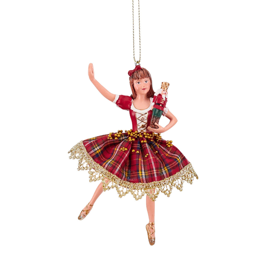 Ornament balerină Spărgătorul de nuci, tartan, rosu/auriu, 13 cm