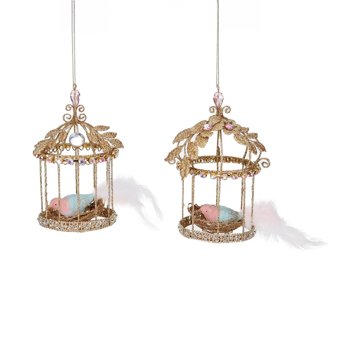 Set 2 colivii cu pasari din colectia jewel auriu/roz/albastru 15cm