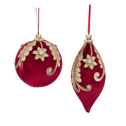 Set de 2 globuri strălucitoare din tesut si dantela cu pietre roșu/auriu 17cm