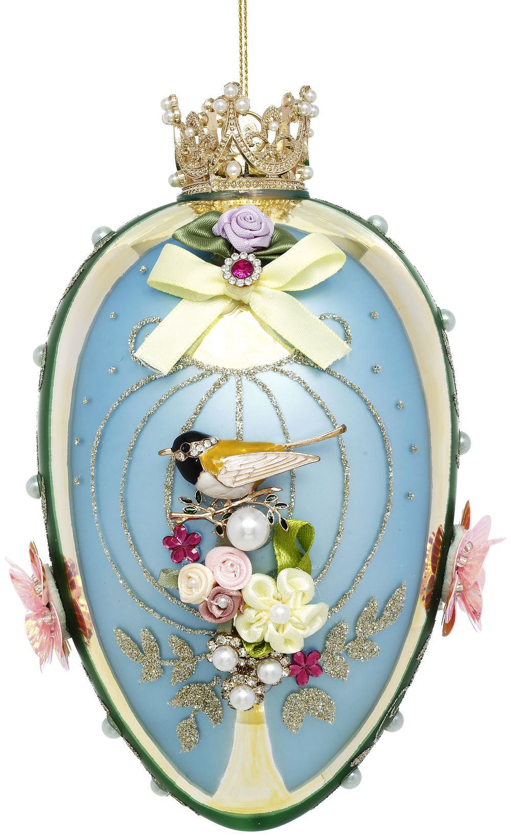 Ou din sticlă Fabergé cu model floral și pasăre albastru/verde/galben 18cm