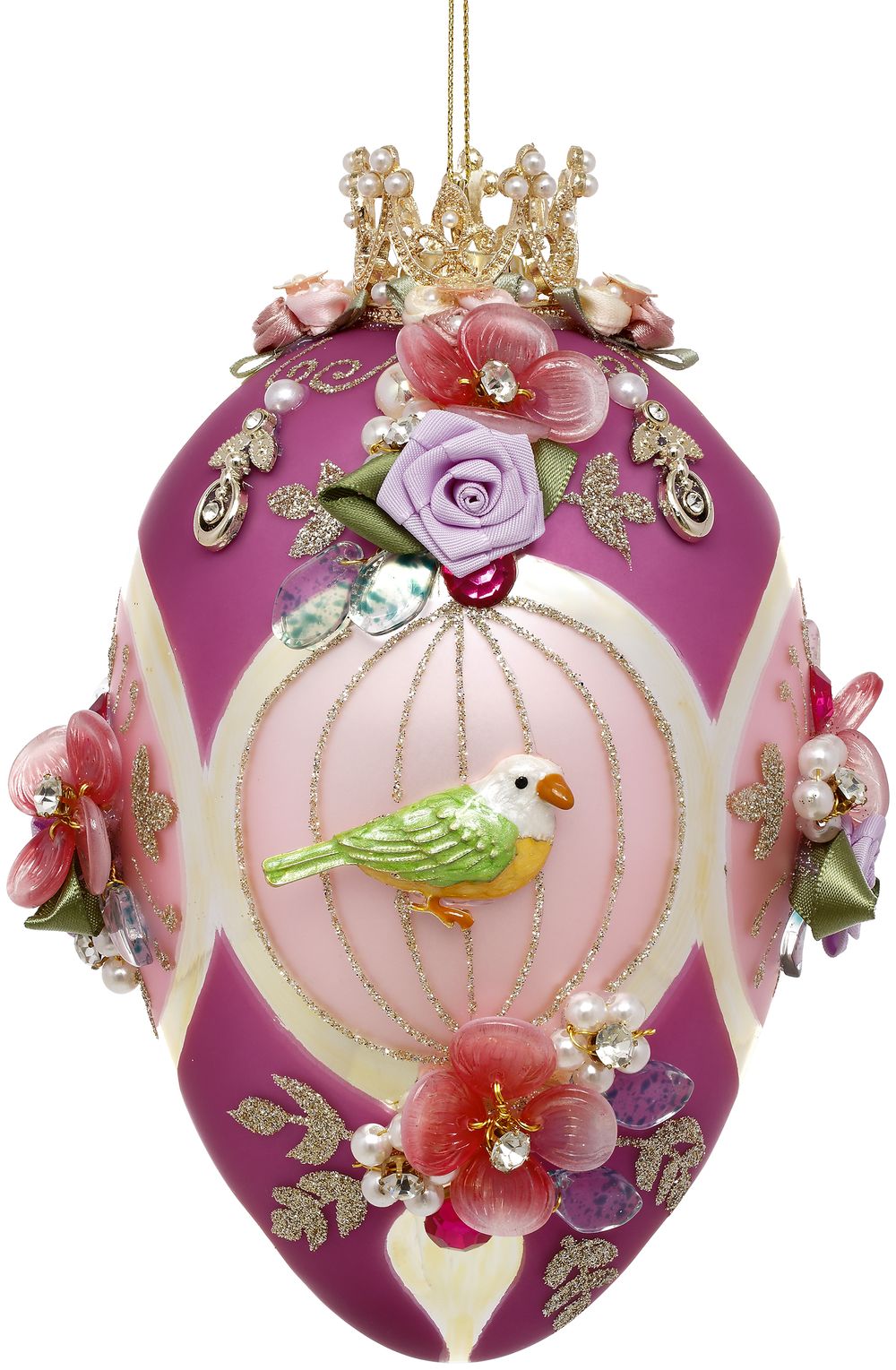 Ou din sticlă Fabergé cu model floral și papagal roz/mov 18cm