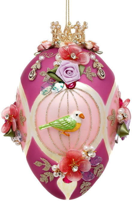 Ou din sticlă Fabergé cu model floral și papagal roz/mov 18cm