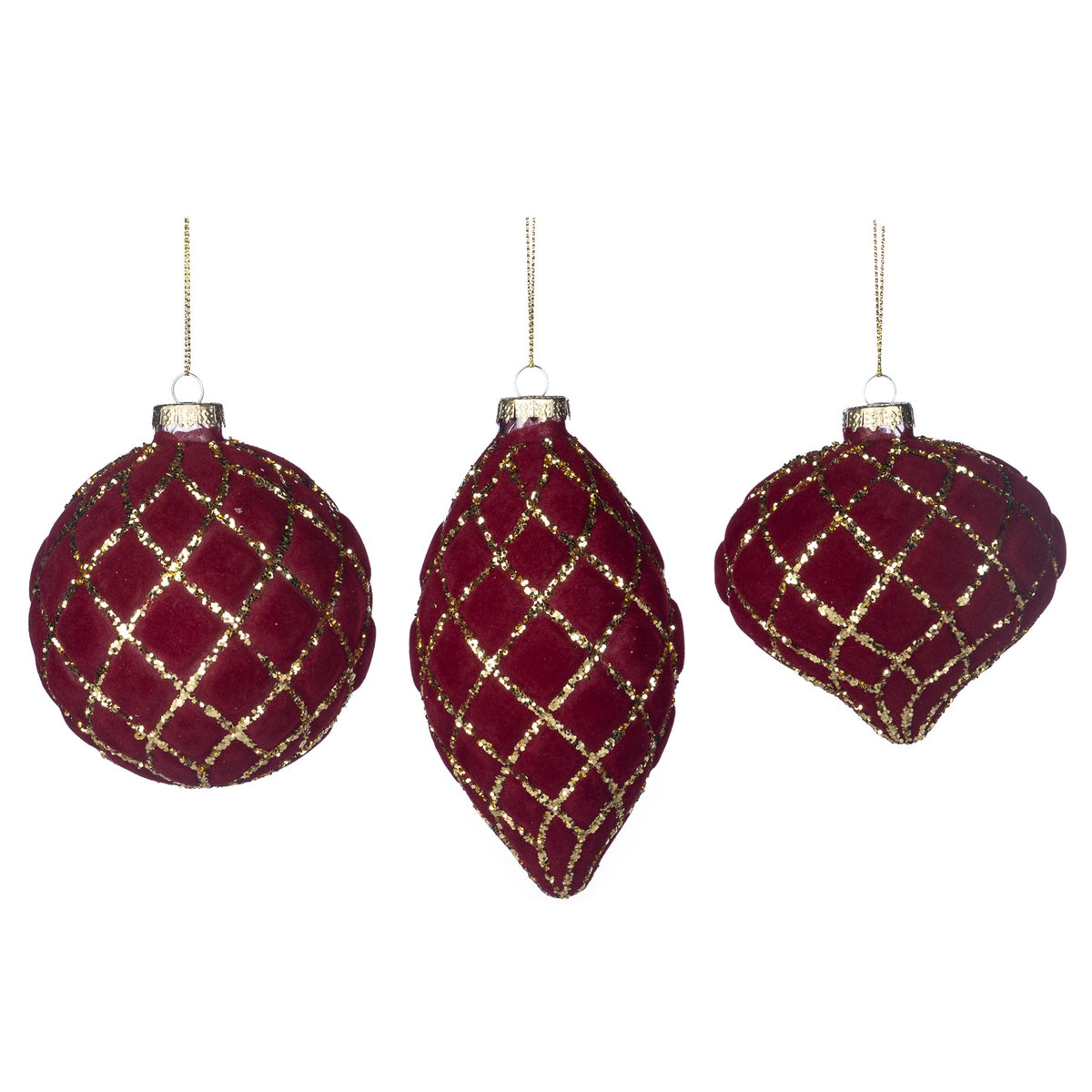 Set de 3 globuri strălucitoare 3d cu sclipici roșu/auriu 10cm