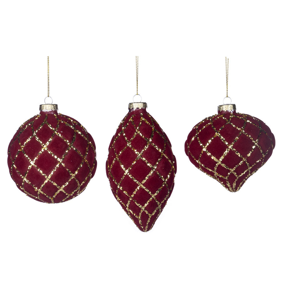Set de 3 globuri strălucitoare 3d cu sclipici roșu/auriu 10cm