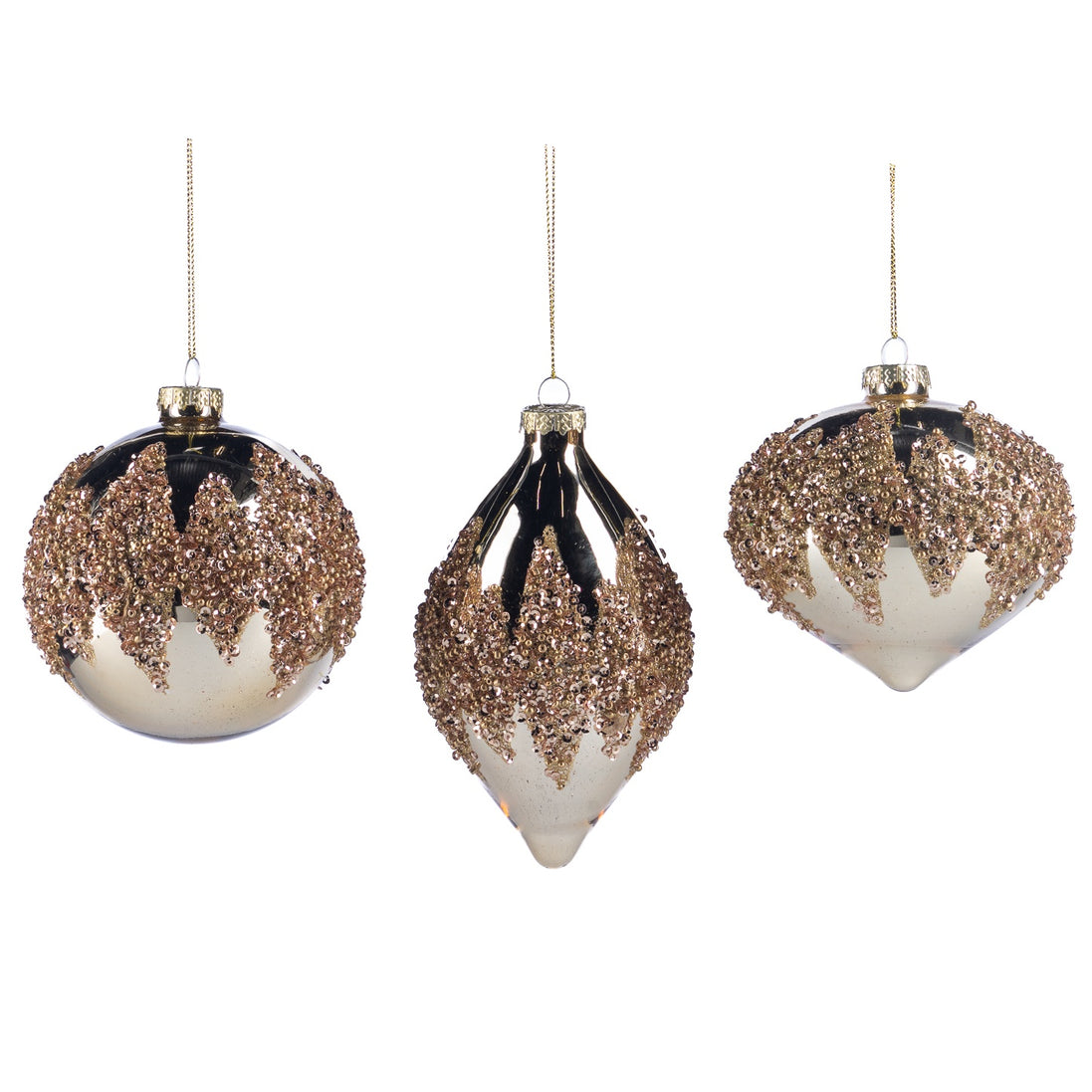 Set de 3 globuri strălucitoare cu margele zig zag, auriu 10cm
