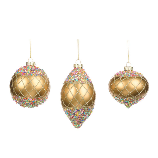 Ornamente cu decor strălucitor, auriu/multicolor, 8 cm