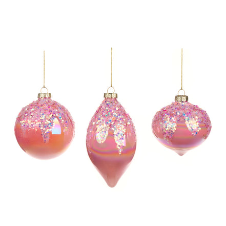 Set 3 globuri din sticlă cu sclipici irizat, roz și mov, 8 cm