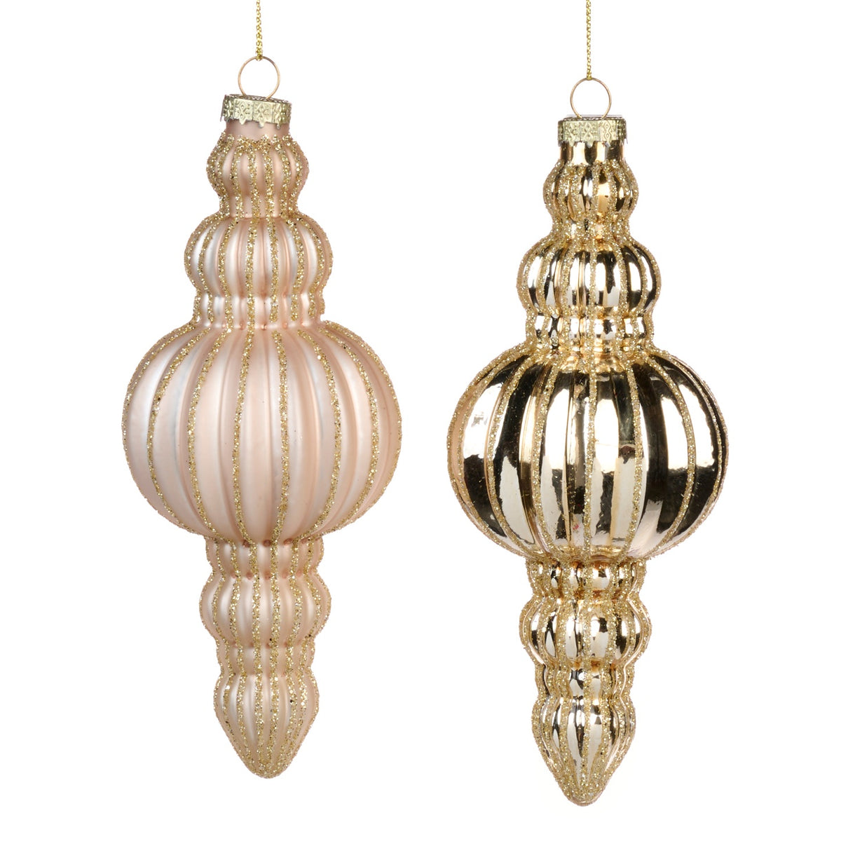 Set de 2 globuri strălucitoare 3d cu sclipici si dungulite 16cm alb/șampanie