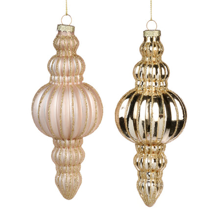 Set de 2 globuri strălucitoare 3d cu sclipici si dungulite 16cm alb/șampanie