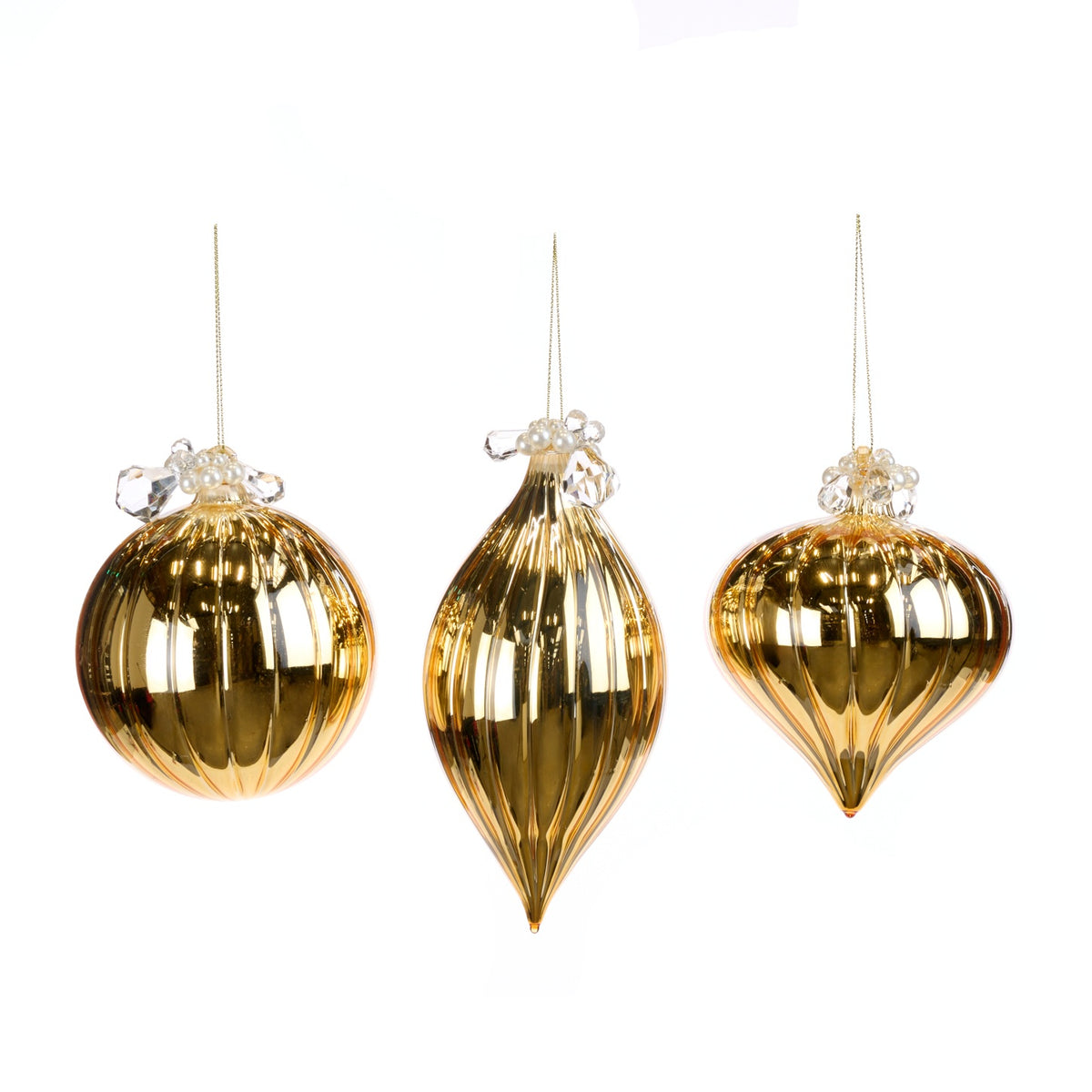 Set de 3 globuri strălucitoare de sticla colectia jewel cu perlute, auriu lucios 10cm