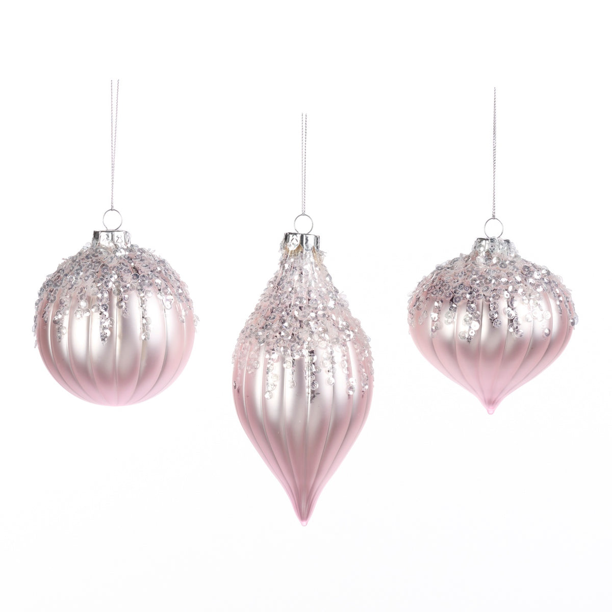 Set 3 globuri strălucitoare de sticlă cu paiete, roz, 8cm