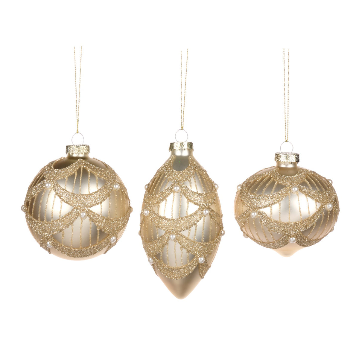 Set de 3 globuri strălucitoare cu sclipici si perlute, 8cm crem/auriu