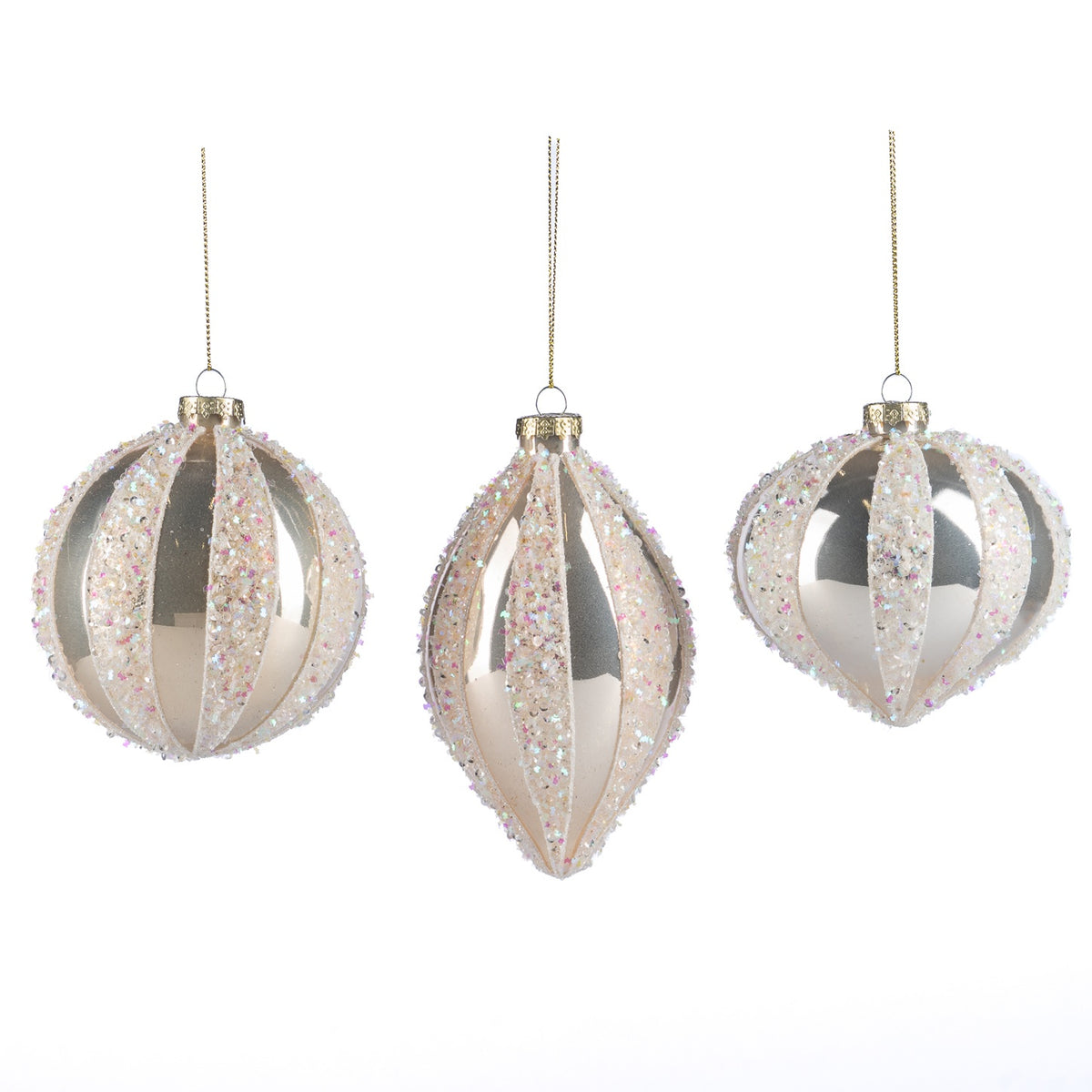 Set de 3 globuri strălucitoare cu dungulite verticale, crem 10cm
