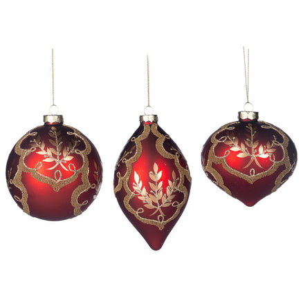Set de 3 globuri strălucitoare cu frunzulite si margelute roșu/auriu 10cm