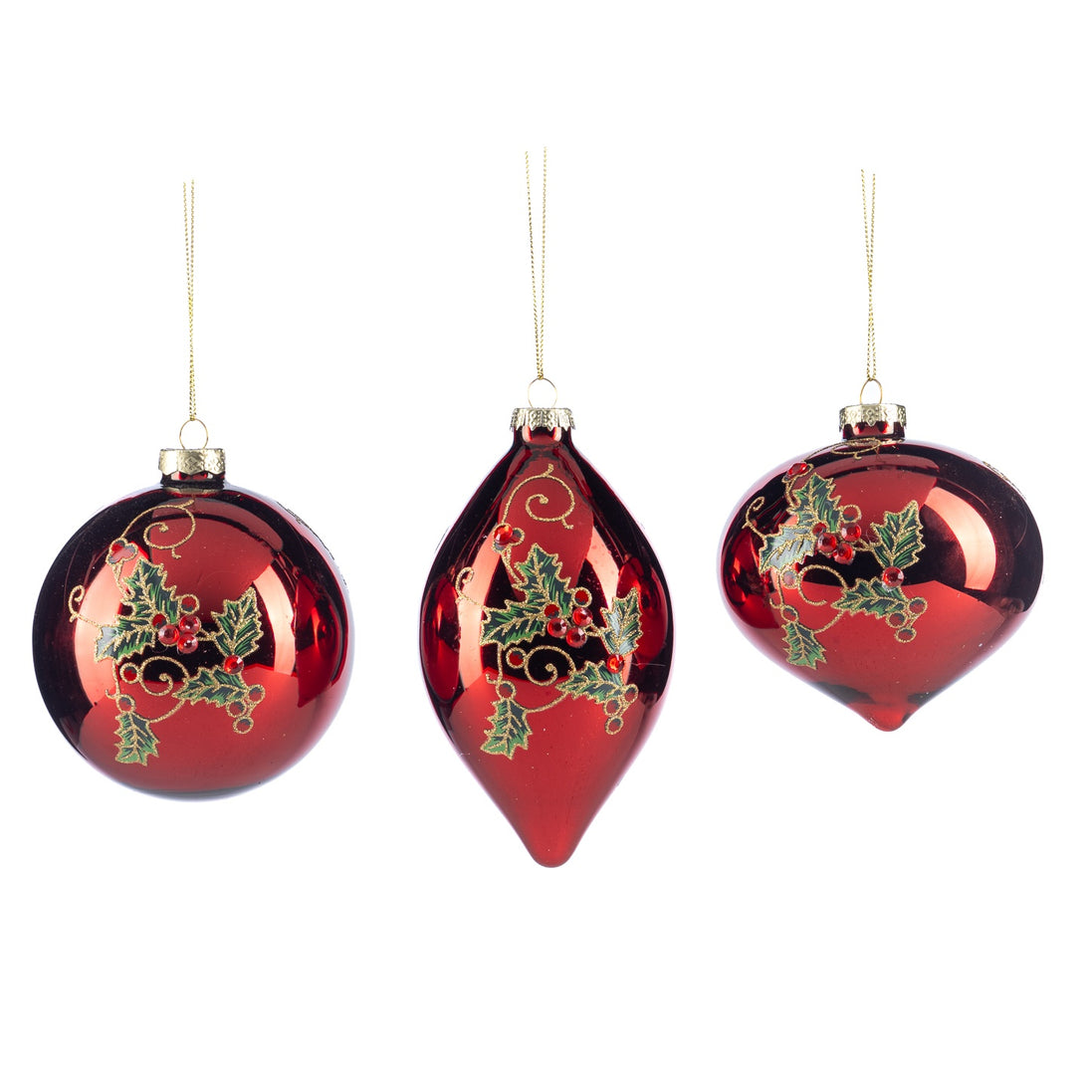 Set de 3 globuri strălucitoare din colectia jewel cu frunzulite de mahonia, 10cm roșu