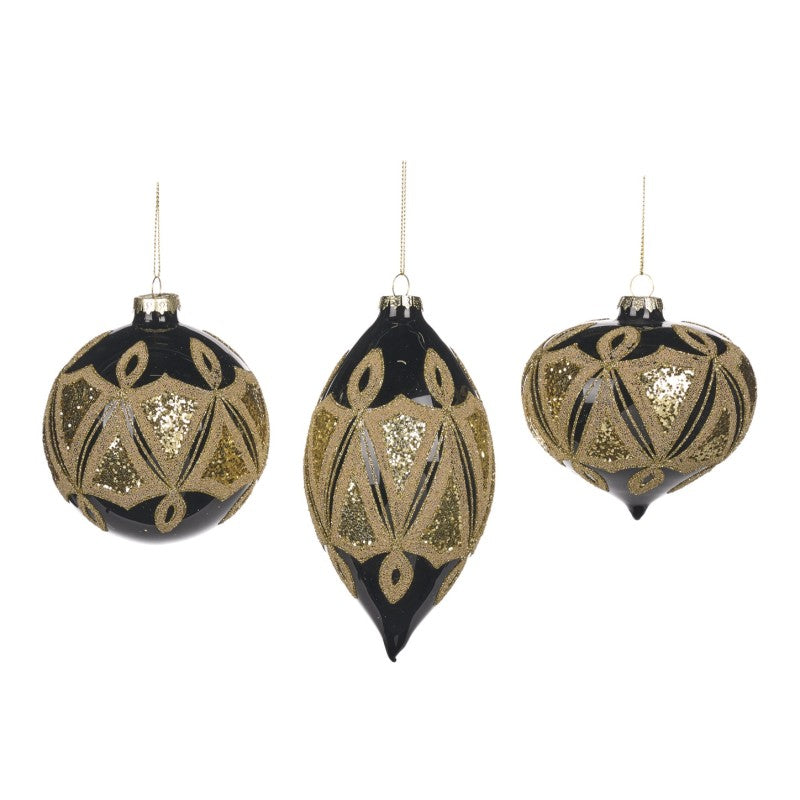 Set 3 globuri de sticla art deco negru/auriu 10cm