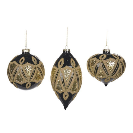 Set 3 globuri de sticla art deco negru/auriu 10cm