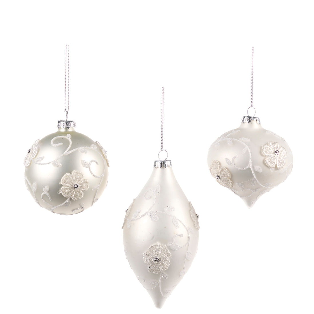 Set de 3 ornamente decorative din sticlă cu flori din dantelă, alb, 8 cm