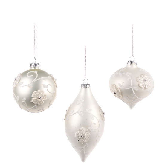 Set de 3 ornamente decorative din sticlă cu flori din dantelă, alb, 8 cm