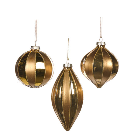 Set de 3 globuri strălucitoare cu dungulite verticale, auriu mat si lucios 8cm