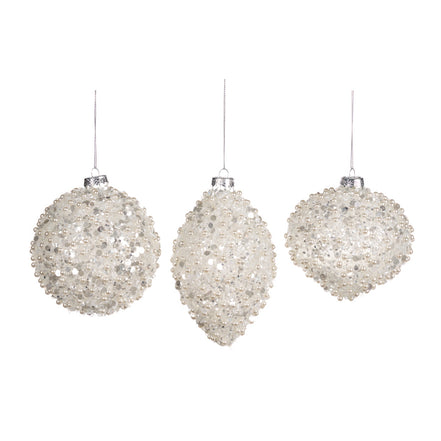 Set 3 Globuri din Sticla cu Margele si Perle ,alb 10cm
