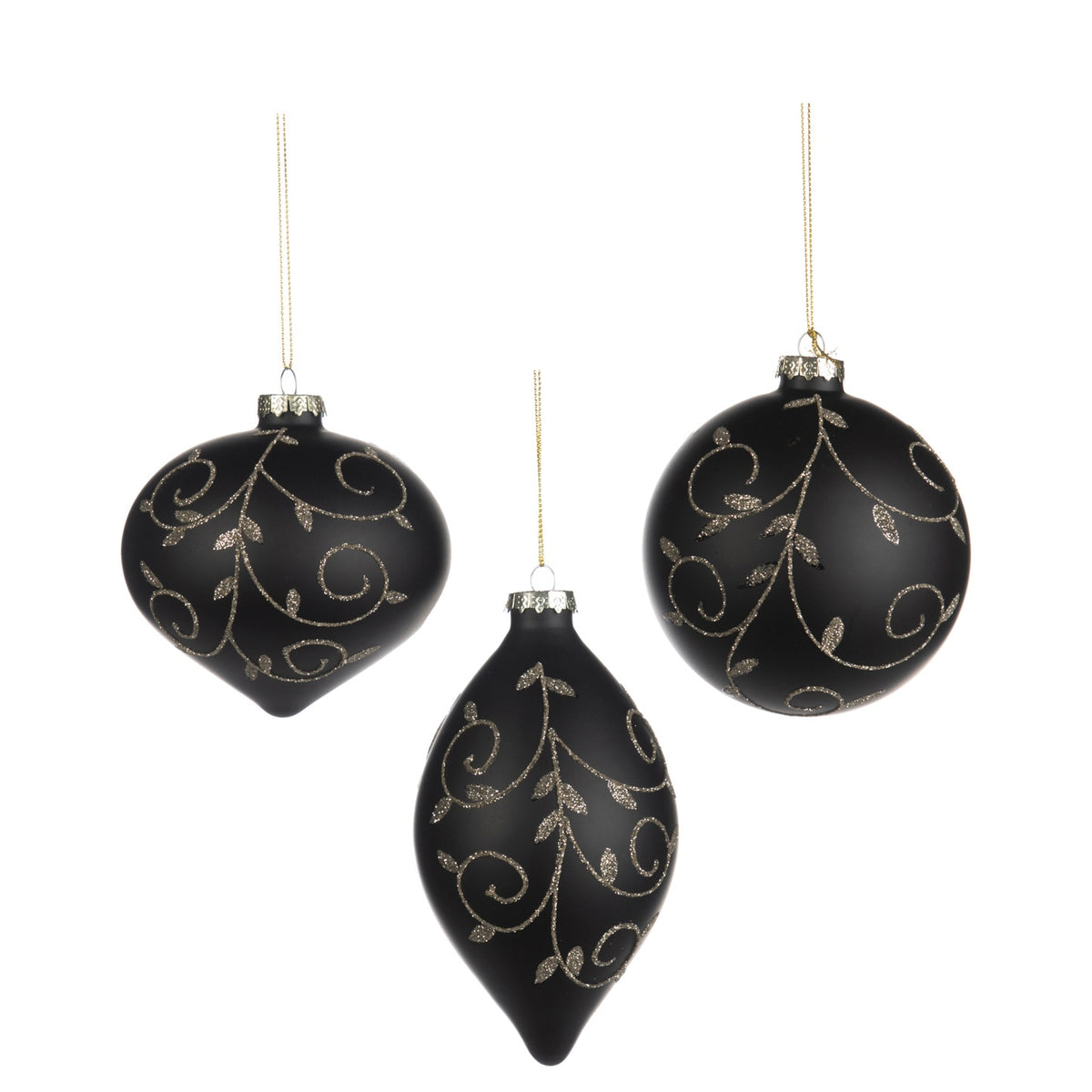 Set de 3 globuri strălucitoare din sticla decorate cu frunzulite si sclipici, 10cm negru