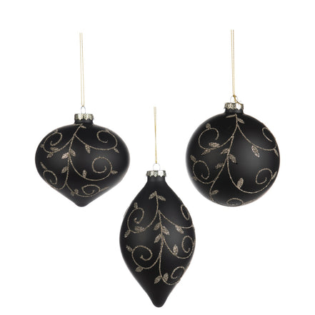 Set de 3 globuri strălucitoare din sticla decorate cu frunzulite si sclipici, 10cm negru
