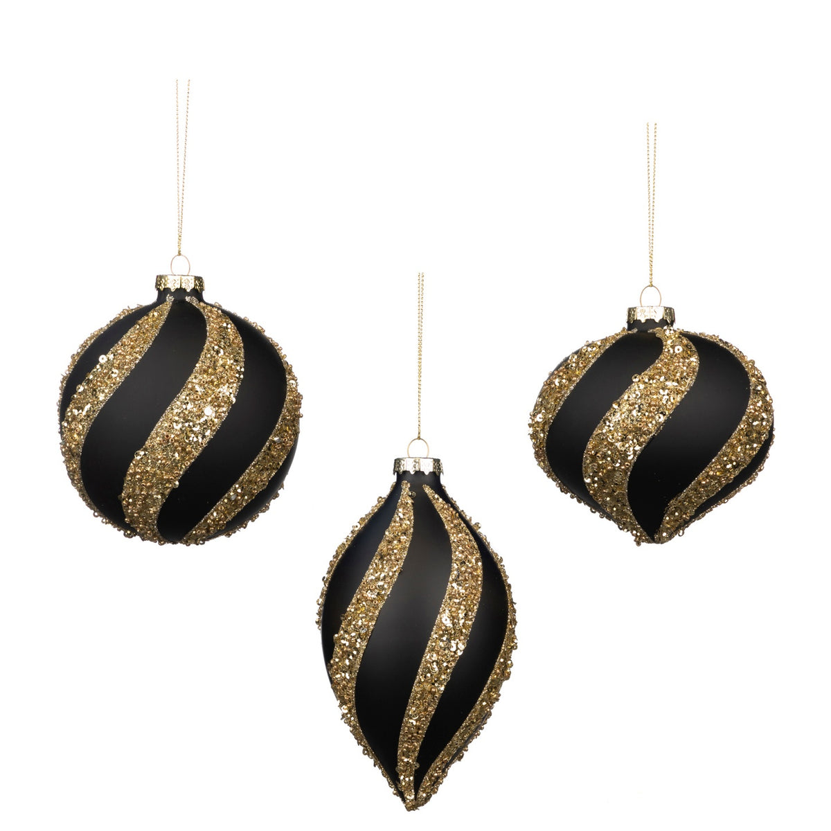 Set 3 Globuri din Sticla cu Paiete , negru mat , auriu 10cm