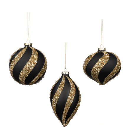 Set 3 Globuri din Sticla cu Paiete , negru mat , auriu 10cm