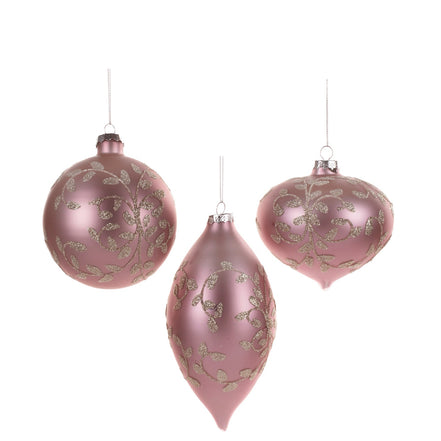 Set 3 Globuri din Sticla cu Frunze si Sclipici 10cm Roz
