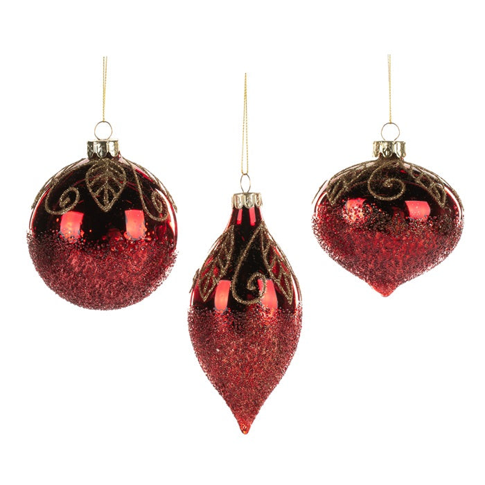 Set 3 Globuri decorate cu frunzulite efect zdrobit/spart 8cm rosu