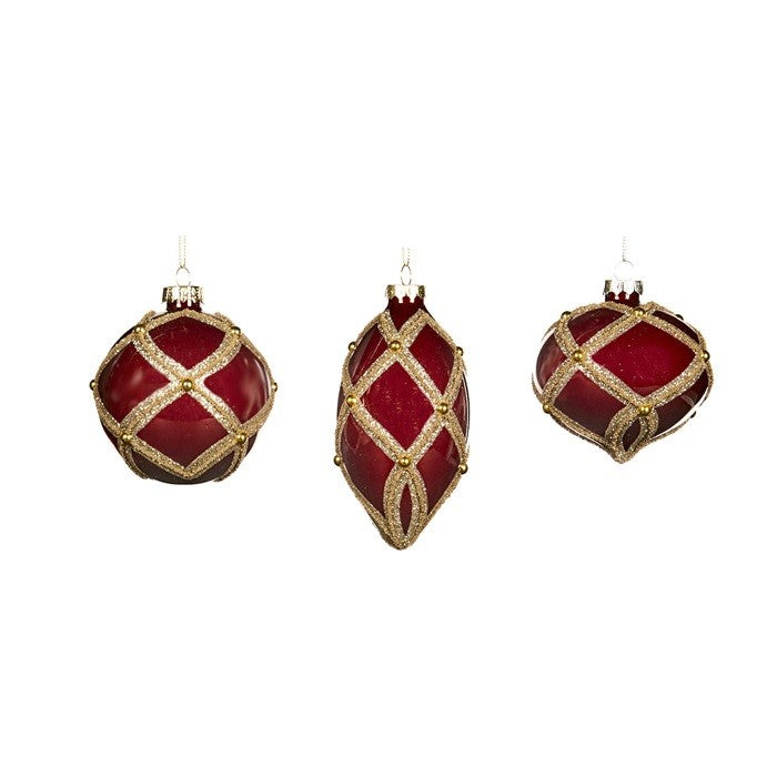 Set 3 globuri deco tip brodat cu margele si sclipici auriu 8cm