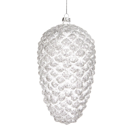 Glob con de brad din sticla cu sclipici alb/argintiu 23cm