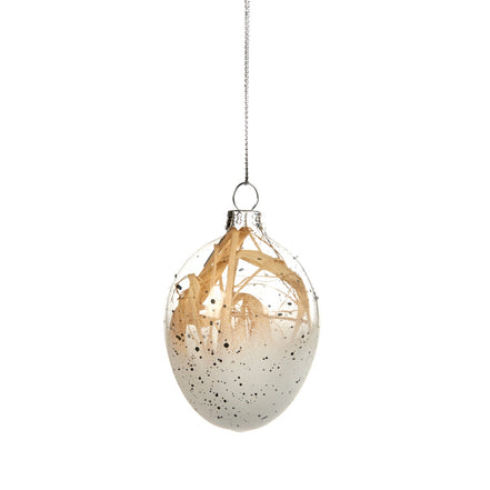 Ornament Ou din sticlă cu bulinuțe negre și paie în interior, alb/transparent 9cm