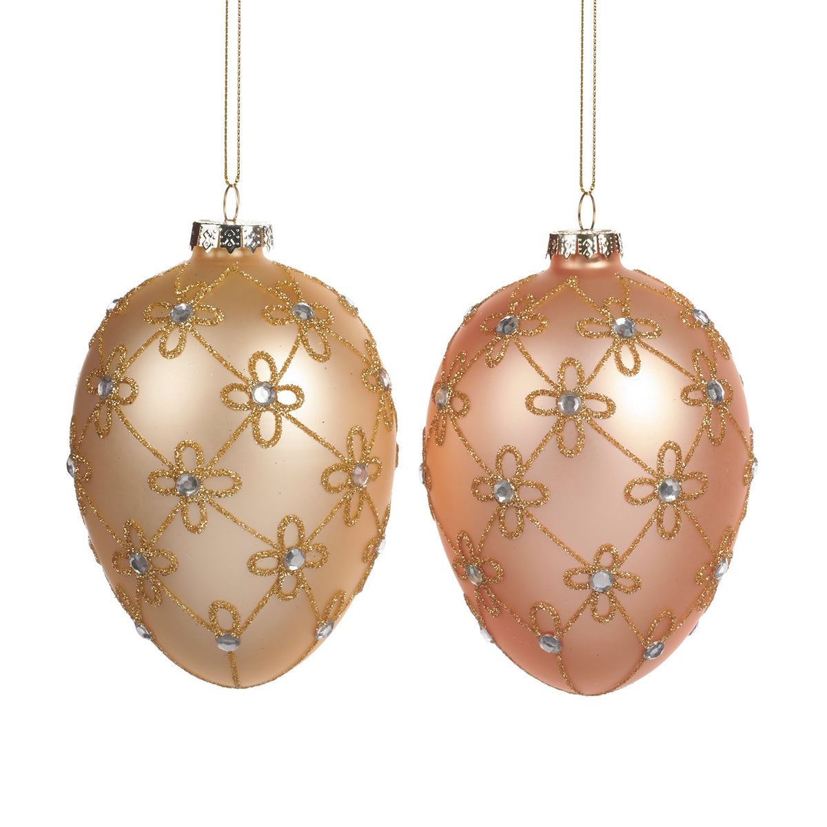 Ornamente 2 Ouă din sticlă cu model floral crem/roz 12cm