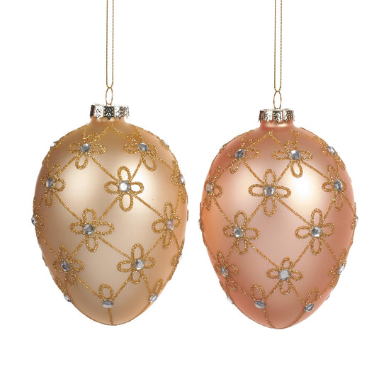 Ornamente 2 Ouă din sticlă cu model floral crem/roz 12cm