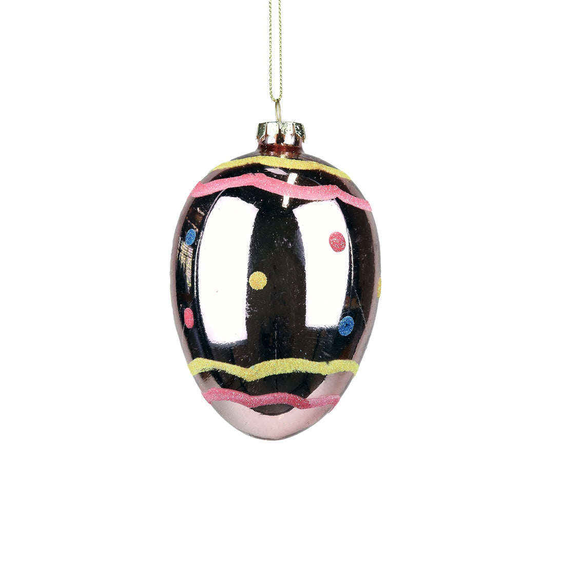 Ornament Ou din sticlă cu bulinuțe și spirale negru/roz/galben 12cm