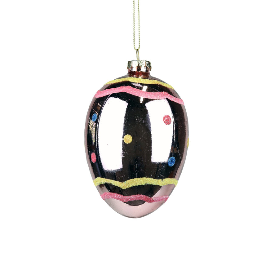 Ornament Ou din sticlă cu bulinuțe și spirale negru/roz/galben 12cm