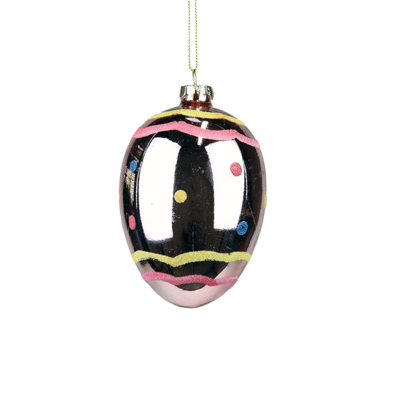 Ornament Ou din sticlă cu bulinuțe și spirale negru/roz/galben 12cm