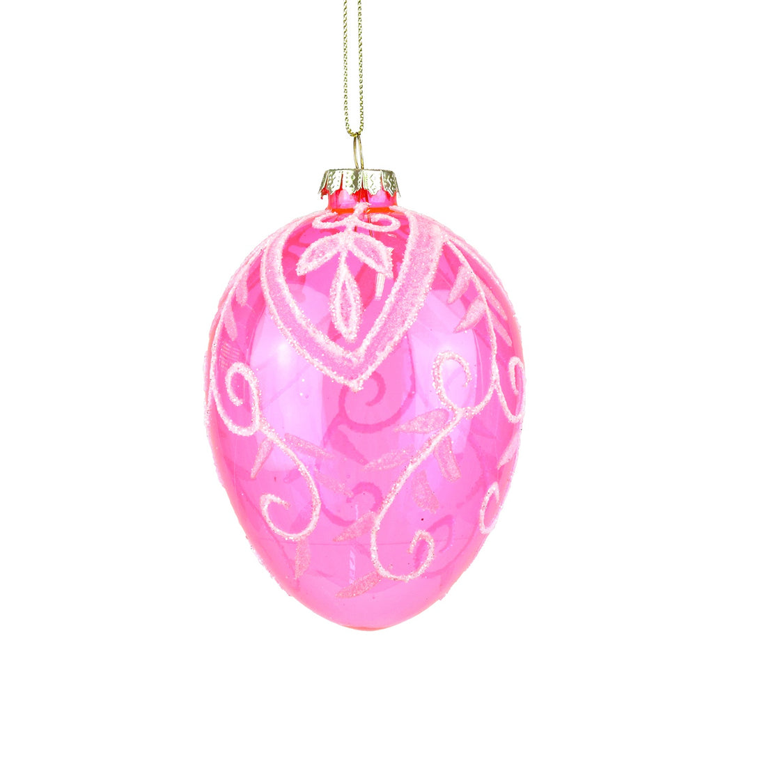 Ornament Ou din sticlă cu model cu frunze Roz/Alb 12cm
