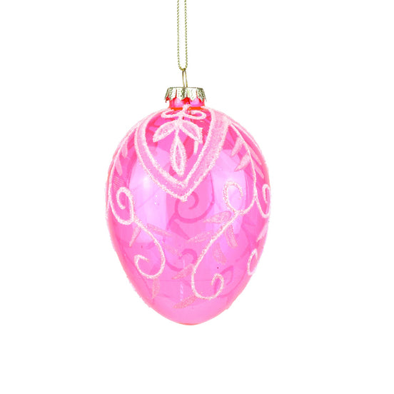 Ornament Ou din sticlă cu model cu frunze Roz/Alb 12cm