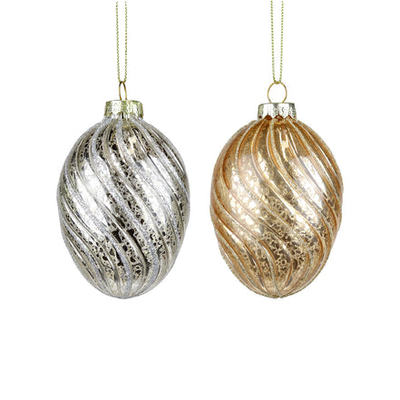 Ornamente 2 Ouă din sticlă model spirală auriu/șampanie 9cm